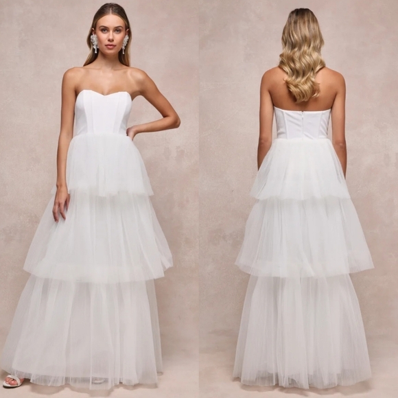 Lulus Exquisite Enchantment White Tulle Tiered Strapless Gown S Wedding Party - Picture 1 of 9